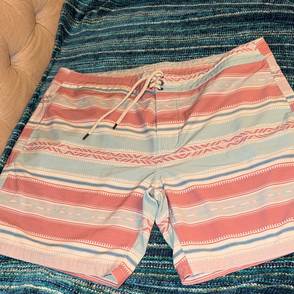 Faherty Pastel Coral & Light Blue Striped Swim Shorts Size 38